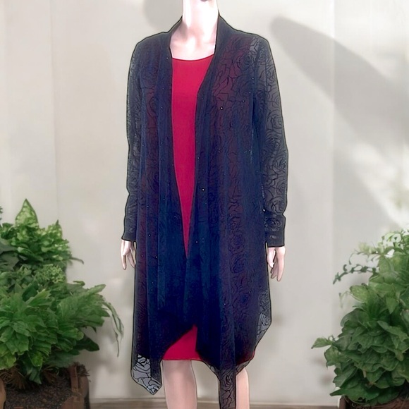 Bianca Nygard Black Sheer Open Front Sparkly Rosette Emboss Mesh Cardigan - Picture 12 of 17